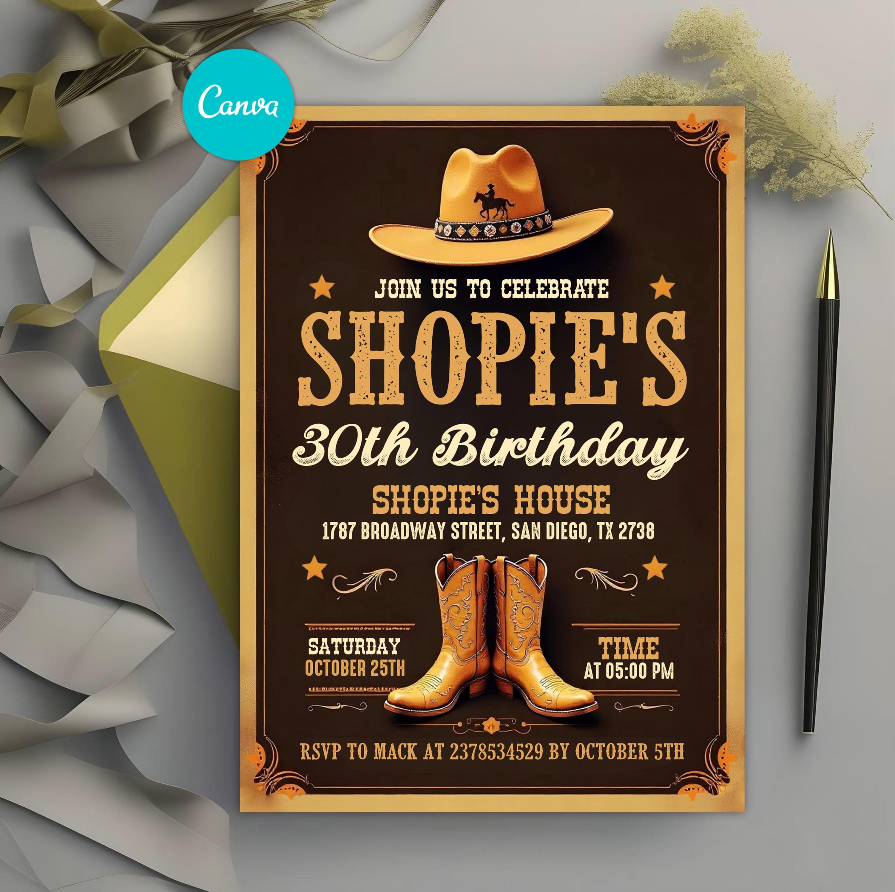 Western Hoedown Birthday Invitation, Cowboy Boots Hat Party