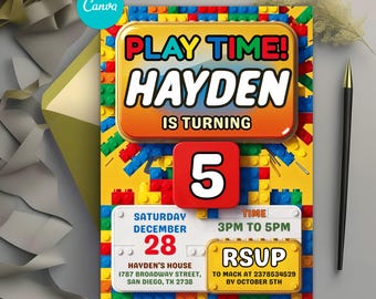 Building Blocks Birthday Invitation, Colorful Bricks Party Invite, Play Time Celebration, Editable Canva Template