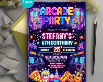 Arcade Birthday Invitation, Retro Vedio Game Party Invite, Gamer Birthday Party Invitation, Gaming Theme, Editable Canva Template