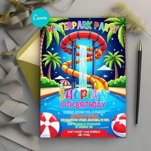 Water Park Invitation Template, Summer Pool Birthday Party Invitation, Waterslide Party Invite, Digital Invitation Editable Canva