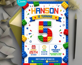 5th Building Block Birthday Invitation, Colorful Bricks Party Invite, Master Builders Birthday Party, Editable Canva Template