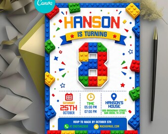 8th Building Block Birthday Invitation, Colorful Bricks Party Invite, Master Builders Birthday Party, Editable Canva Template