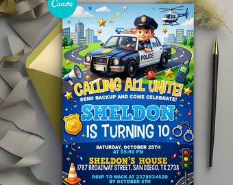 Invitación de cumpleaños de policía, invitación a fiesta de policía, fiesta de cumpleaños de niño oficial, coche patrulla SWAT para niños, plantilla editable de Canva
