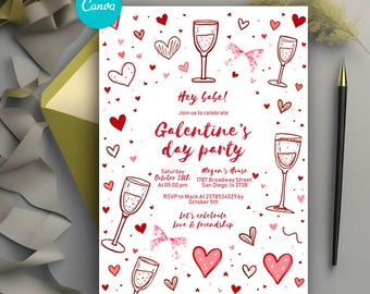 Editable Galentine's Day Invite, Valentine's Party Invitation Template, Pink Galentines Girls Night, Valentines Day Celebration Invitation