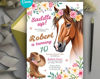 Cowgirl Party Birthday Invitation, Cowgirl Party Horse Invite, Pink Floral Birthday Invitation, Horse Birthday Invitation, Instant Download