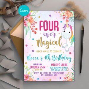 Unicorn Birthday Party Invitation, Magical Pastel Rainbow Unicorn Birthday Invitation, Girl&#39;s Birthday Party Invite, Sparkle Invitation