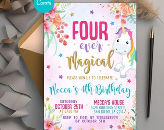 Faire-part d'anniversaire licorne, faire-part d'anniversaire licorne arc-en-ciel pastel magique, invitation de fête d'anniversaire de fille, faire-part scintillant
