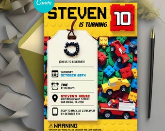 Building Blocks Birthday Invitation, Building Blocks Invite, Bricks Invite, Building Block Party Printable Invite Editable Canva Template