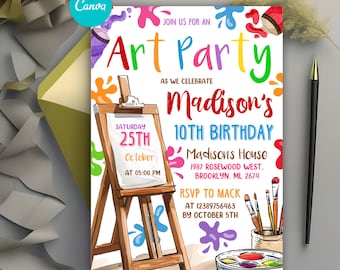 May include: A colorful invitation for an art party celebrating Madison's 10th birthday. The invitation features a cartoon easel with paint splatters and paintbrushes. The text reads "Join us for an Art Party as we celebrate Madison's 10th Birthday. Saturday 25th October at 05:00 PM. Madison's House 1987 Rosewood West. Brooklyn, ML 2674. RSVP to Mack at 12389756463 by October 5th."