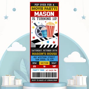 Movie Ticket Birthday Invitation, Movie Party Ticket Invite, Movie Night Invitation, Cinema Birthday Party Invites, Editable Canva Template