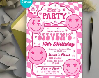 Pink Retro Smiley Birthday Invitation, Preppy Pink Party Invite, Wavy Checkered Tween Girl Birthday, Groovy Party, Editable Canva Template