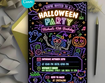 Neon Halloween Birthday Invitation, Glow Witch Cat Ghost Pumpkin Party Invite, Spooky Birthday Party, Editable Canva Template