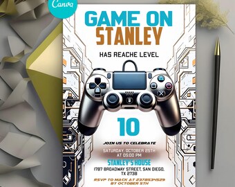 Video Game Birthday Invitation, Arcade Party Invitation, Level Up Birthday Invite, Gaming Theme, Editable Canva Template