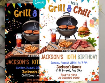 Editable BBQ Birthday Invitation Template, Barbecue Birthday Invitation, Grill and Chill Digital Download Invite, Backyard BBQ Party Invite