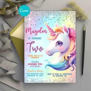 Editabale Unicorn Invitation, Rainbow Unicorn Sparkles Party Invite, Pastel Unicorn Birthday Invite, Girl Birthday Party Invitation, Canva