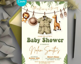 Safari Baby Shower Invitation, Greenery Clothesline Invite, Wild One is on the Way Baby Shower Invite, Editable Canva Template