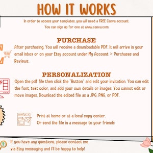 May include: A graphic with instructions on how to access and personalize printable templates. The graphic features a light blue flower, a light blue heart, and a light blue shopping cart. The text reads "How It Works", "Purchase", "Personalization", and "If you have any questions, please contact me via Etsy messaging and I'll be happy to help!"