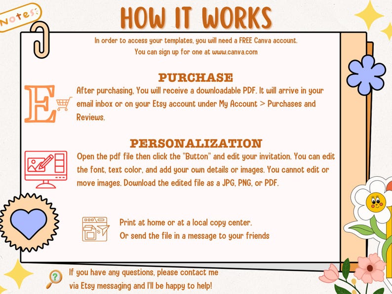 May include: A graphic with instructions on how to access and personalize printable templates. The graphic features a light blue flower, a light blue heart, and a light blue shopping cart. The text reads "How It Works", "Purchase", "Personalization", and "If you have any questions, please contact me via Etsy messaging and I'll be happy to help!"