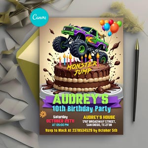 Monster Truck Birthday Invitation, Monster Jam Party, Monster Truck Theme Party Invite, Boys Birthday Invite, Editable Canva Template