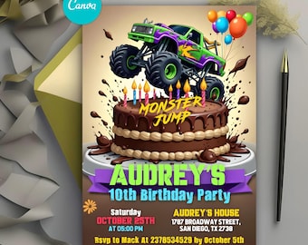 Monster Truck Birthday Invitation, Monster Jam Party, Monster Truck Theme Party Invite, Boys Birthday Invite, Editable Canva Template