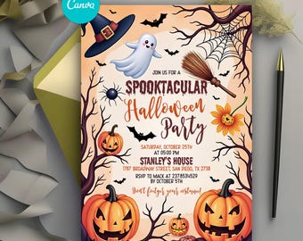 Bewerkbare uitnodiging voor Halloween-feest, thema spookachtige pompoen, uitnodiging Halloween, Instant Download, Canva-sjabloon