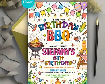 BBQ Birthday Invitaion, Pastel Backyard Party Invite, Summer Birthday Party, BBQ Invitation, Editable Canva Template