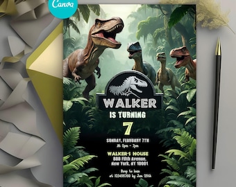 Dinosaurier-Party-Einladung, Dinosaurier-Welt einladen, Dinosaurier-Geburtstags-Party einladen, T-Rex-Party einladen, Jurassic 1.3.5. Geburtstag, bearbeitbare Canva