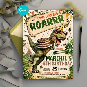 Dinosaurier-Geburtstagseinladung, T-Rex-Partyeinladung, Stampf-und-Schnapp-Geburtstagsparty, Kindereinladung, bearbeitbare Canva-Vorlage