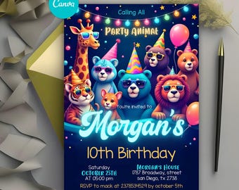 Party Animals Birthday Invitation, Calling All Party Animals, Fun Animals Themed Party, Neon Birthday Party Invite, Editable Canva Template