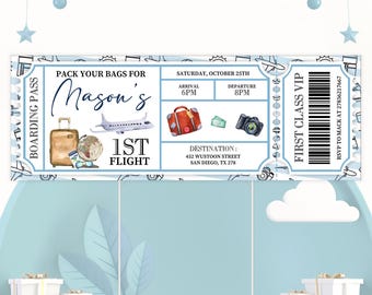 Invitación editable con boleto de embarque, invitación para fiesta de cumpleaños en avión, boleto de avión, viaje sorpresa con boleto de embarque, descarga instantánea