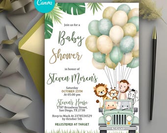 Jungle Baby Shower Invitation, Gender Neutral Safari Invite Template, Safari Animals Invitation, Jungle Animals, Editable Canva Template