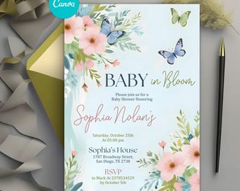 Baby in Bloom Invitation, Baby Shower Invitation, Pink Purple Butterflies, Wildflowers Baby Shower Invite, Editable Canva Template