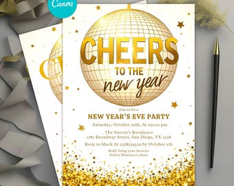 New Year's Eve Party Invitation, Gold Disco Ball Glitter Evite, Adult Cocktail Holiday Template, Cheers to the New Year Digital Invite