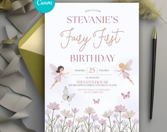 May include: A white invitation card with the text "Stevanie's Fairy First Birthday". The design includes illustrations of fairies, butterflies, and flowers. The date is October 25th.