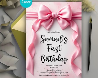 Pink Bow 1st Birthday Invitation, Pink Coquette Bow Invitation 1st Birthday Girl Invite, First Birthday Template Printable, Editable Canva