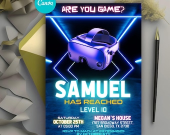 Invitación de cumpleaños de realidad virtual, invitación de cumpleaños de realidad virtual, invitación de cumpleaños de niño jugador, invitación de cumpleaños de videojuego, editable digitalmente