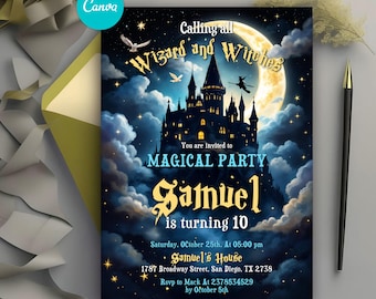 Wizards Witches Birthday Invitation, Magic Wizardry Castle Birthday Party Invite,  Magical Birthday Invitation, Wizard Party Birthday Invite