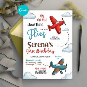 Airplane Birthday Invitation, Time Files 1st Invitation, Airplane Party Invite, Airplane 1st Birthday Invitation, editable Canva Template