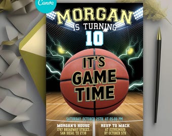 Basketbal verjaardagsuitnodiging, uitnodiging sportfeest, speltijd uitnodigen, meisjes jongens verjaardagsuitnodiging, bewerkbare canvas sjabloon