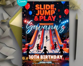 Indoor Slide Birthday Invitation, Inflatable Bounce House Party, Giant Slide Jump and Play, Kids Playground Invite, Editable Canva Template