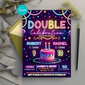 May include: A neon pink and blue birthday invitation with a double celebration theme. The invitation features a cake with two lit candles, the text "Double Celebration", and the names "Robert" and "Rachel" with their ages 9 and 10. The invitation also includes the date, time, and location of the party.