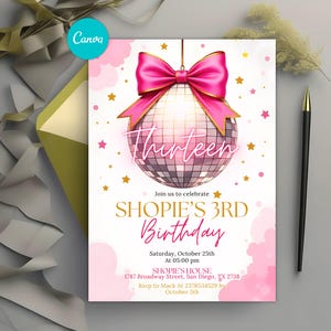 May include: A birthday invitation with a disco ball, pink bow, and gold stars. The invitation reads "Thirteen" and "Shopie's 3rd Birthday". Includes event details: date, time, location, and RSVP information.