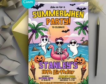 Summerween Party Birthday Invitation, Halloween Pool and Birthday Party, Spooky Halloween Birthday Invite, Editable Canva Template