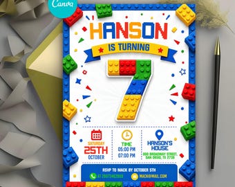 7th Building Block Birthday Invitation, Colorful Bricks Party Invite, Master Builders Birthday Party, Editable Canva Template