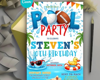 Editable Pool Party Birthday Invitation, Summer Birthday Party Invite, Swimming Party, Pool Party Invitation, Instant Download