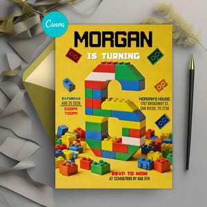 May include: A yellow birthday invitation with the name "MORGAN" in large, pixelated letters. The number "6" is constructed from colorful toy blocks. Additional text includes party details and RSVP information. A pen and envelope are in the background.