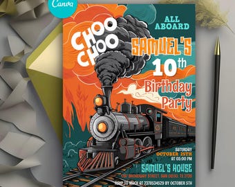 Editable Train Birthday Invitation, Choo Choo Train Birthday Invite, All Aboard Birthday Invite, Kid Party Birthday Invite, Instant Download