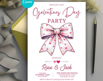 Galentines Girls Night Invitation Template Printable Galentines Party Invitation Coquette Pink Bow Valentine's Day Red Heart Galentine's Day