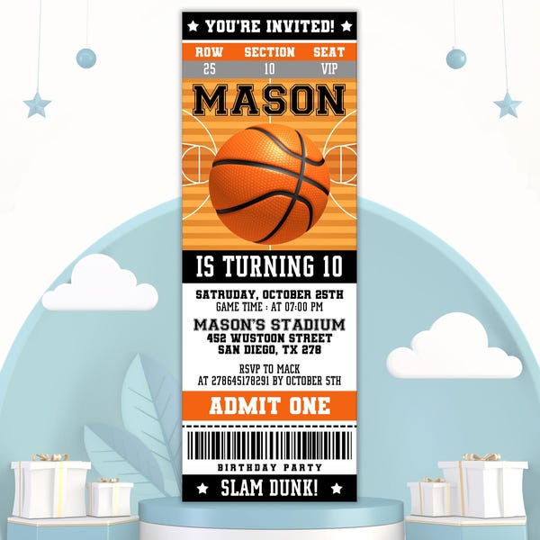 Uitnodiging voor verjaardagsfeestje basketbal, uitnodiging sportkaart, elke leeftijd verjaardagsuitnodiging, sportkaart stijl feestuitnodiging