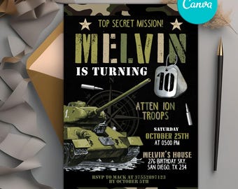 May include: A green and black camouflage birthday invitation for a boy turning 10. The invitation features a cartoon tank, a compass, and the text "Top Secret Mission! Melvin is turning 10. Atten ion Troops. Saturday October 25th at 05:00 PM. Melvin's House 276 Birthday Sky, San Diego, TX 234. RSVP to Mack at 37552897123 by October 5th."